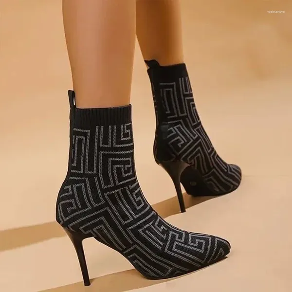 Botas otoño invierno puntiagudo patrón de moda elegante negro súper fino tacones altos vestido de fiesta para mujer más size36-43