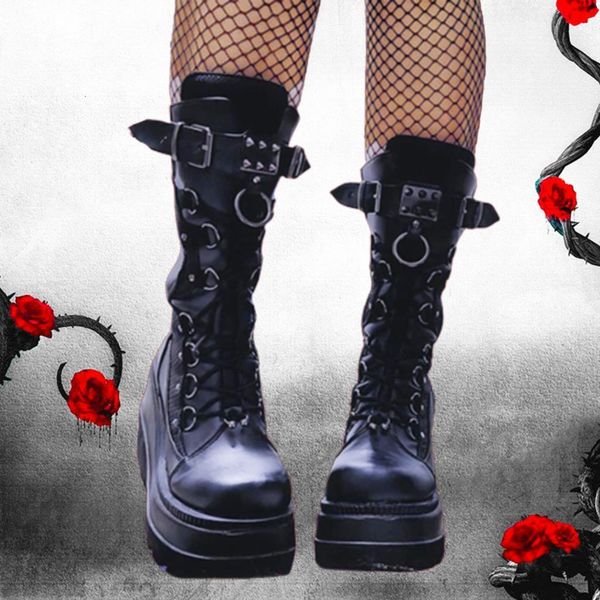 Bottes Automne Hiver Vente Punk Halloween Sorcière Cosplay Plateforme Talons Compensés Noir Gothique Veau Boot Chaussures Grande Taille 43 230920