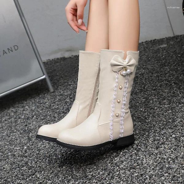 Botas Otoño Invierno Sweet String Beads Tobillo Princesa Tacón bajo Side Zip Bow Botas Party Girls Zapatos Rosa Beige Blanco 2023