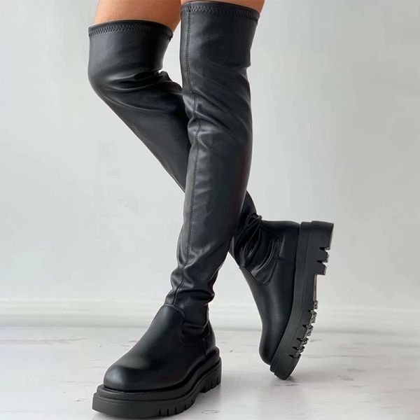 Bottes automne d'hiver cuisses hautes bottes femmes plus taille put cuir pU cuir long bottines plate-forme de mode femme au-dessus du genou botas mujer 2022