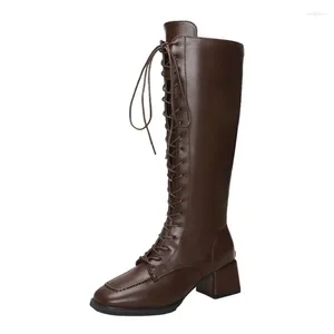 Boots Autumn hiver chaud épaisse semelle genoue haute femme en cuir élastique lace up tube chevalier britannique zip long