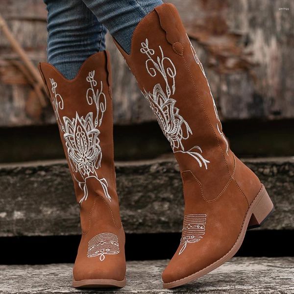 Bottes automne hiver blanc femme genou haute grande taille 43 femmes confortable marche femme rétro broderie Cowboy botte