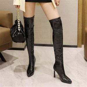 Bottes automne hiver femmes mode cuir verni bout pointu cuisse haute longue Sexy mince sur le genou femme chaussures à talons