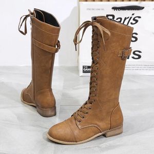Botas Autumn Winter Women Knee High Lace Up Flat Shoes Stexpunk PU Retro Buckle Ladies Knight Zapatos de Mujer