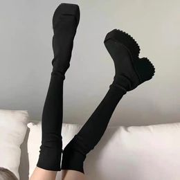 Stiefel Herbst Winter Frauen Über Die Knie Socke 2023 Stretch Gestrickte Dicke Heels Lange Frau Slip auf Plattform Schuhe 230920