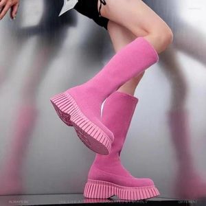 Boots Autumn Winter Women Chaussures 2024 Plateforme Femme Femme Contrôle Céde Les dames Knee Houstable Casual Pink Long