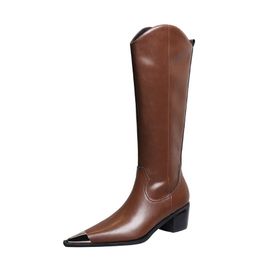 Bottes automne hiver femmes chaussures rétro britannique mode talon épais femme à talons hauts en métal bout pointu en fer