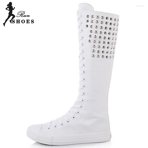 Bottes Automne Toile des femmes Knight Boot moderne Rivet Rivet Zipper Knee-High Punk Round Toe Rome Lace-Up Women Cheerleaders Chaussures de danse