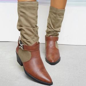 Bottes Automne Femmes Pionted Toe Chunky Talon Western Cowboy 2024 Rétro Talon Mi-mollet Pour Femmes Robe Plate-Forme Chaussures