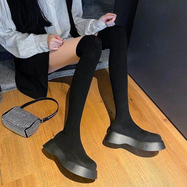 Botas otoño mujeres calcetines sobre la rodilla damas gruesas plataforma estiramiento tejido tejido de punto alto sexy fiesta discoteca zapatos