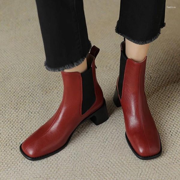 Bottes automne femmes chaussures en cuir fendu pour bout carré talon épais rouge Slip-on court Zapatos Para Mujeres