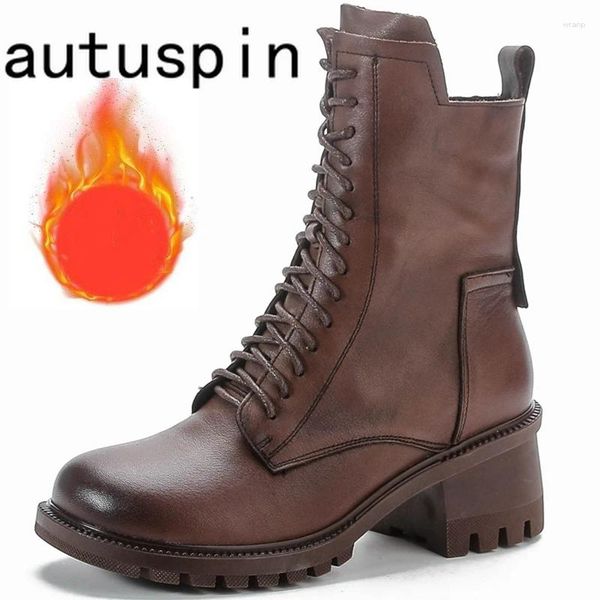 Bottes Autuspin hiver chaud mi-mollet chaussures pour femmes en plein air rétro en cuir véritable dames moto arrivée décontracté talons épais