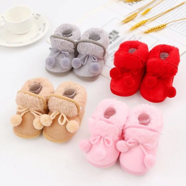 Bottes bébé hiver neige fausse fourrure boules de peluches chaudes intérieur coton semelle souple infantile né enfant en bas âge chaussures 0-18M