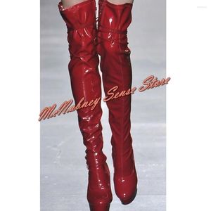 Bottes Back Backs Tied Plateforme Round Tee Patent en cuir solide Chaussures sexy au-dessus du genou Lace Up Red Stiletto Talons Banquet