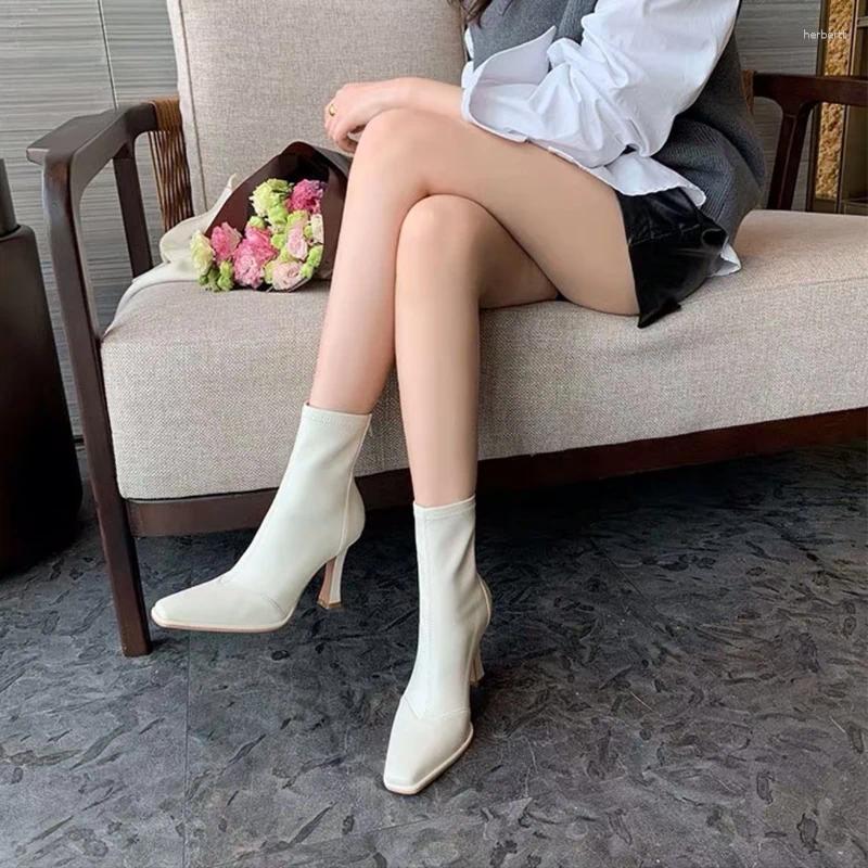 Boots Back Zip High Heel Ankle Square Toe Stiletto Stretch Boats Patent Leather Short Botines Femininas Women Shoes