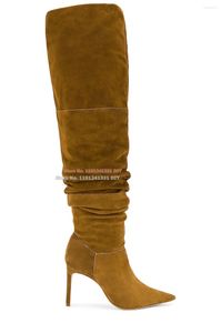 Les bottes portent en cuir jaune supérieur en daim avec une soléthin talon haut sur le genou femmes hiver longues plus taille plus taille 35-45