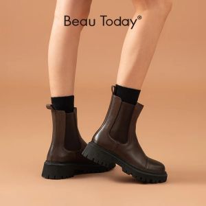 Boots Beau Today Flat Chelsea Enkle Boots for Women Echte Cow Leather Elastic Strap Spring Autumn Ladies Shoes Handmade A02379