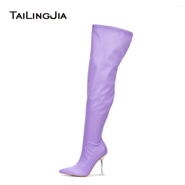 Botas Hermosas Color Classic Over the Knee Purple Shoes Mhigh Tacón alto Toe Toe Clear Women Plus Tamaño