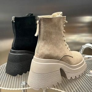 Laarzen Beige Zwart Dames Suède Enkel Dikke Bodem Platform Korte Schoenen Herfst En Winter Mode Hoge Hakken Vrouw 231201