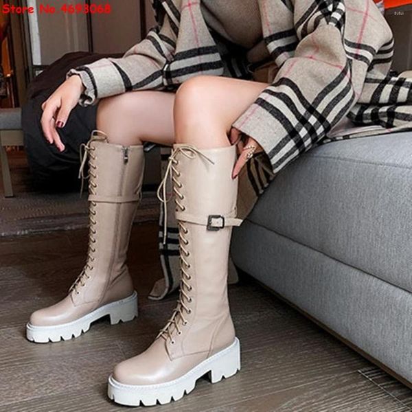 Bottes ceinture boucle croix liée zipper genou haut non glissement cool rond talons talons hauteur augmentant les chaussures minces hiverny sexy dame