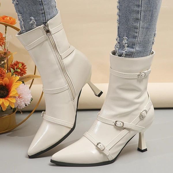 Botas Cinturón Hebilla Tacones altos Tobillo Mujer 2023 Otoño Cremallera lateral Pu Cuero Corto Mujer Negro Blanco Tacón fino Zapatos de fiesta