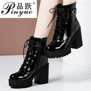 Boots Big Size 32-43 Block Heel Plateforme Chaussures Femme Ankle Automne Hiver High Heels Ladies Leather Shott Fur Shotties