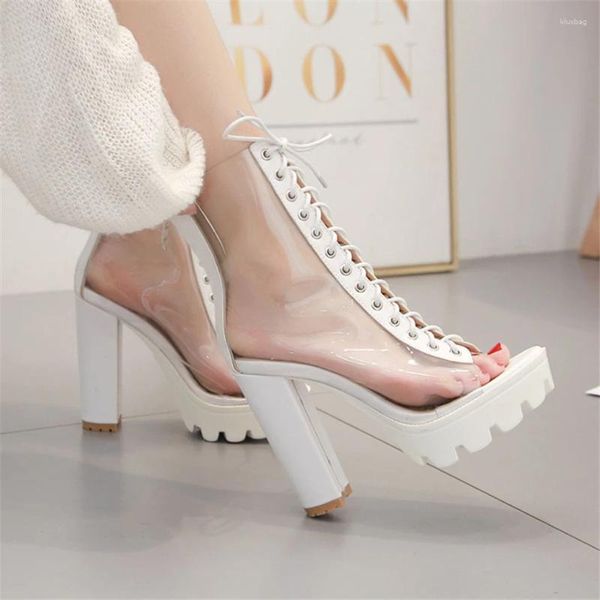 Bottes Grande Taille 34-42 Sexy Transparent PVC Plate-Forme Casual Bottes Sandales Pour Femmes Peep Toe Talons Épais Fermeture Éclair Dames Chaussures De Fête Blanc