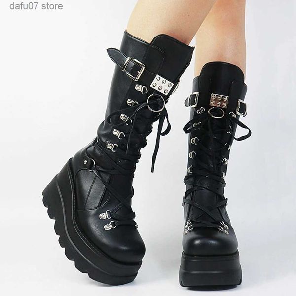 Botas Tamaño grande 35-43 Diseño de marca Señoras Botas de plataforma alta Moda Goth Tacones altos Botas Mujeres Cosplay Cuñas Punk Zapatos Mujer T231106