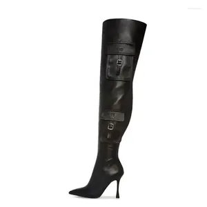 Boots Big Size 44 Stage Femme's Over Knee High Talons minces Poches Points de chaussures Toe Stiletto