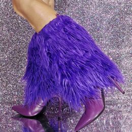 Laarzen Big Size 47 Purple Dik Fur Overlay Korte laarsjes slanke hakken Halve knie Hoge vrouwen puntige teen gevouwen over harige schoenen