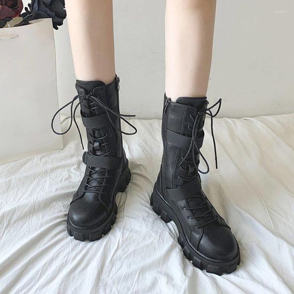 Botas Calzado de motociclista Zapatos con cordones para mujer con cordones Media altura Señoras Negro Media pantorrilla Chic y elegante Cómodo Gótico Oferta