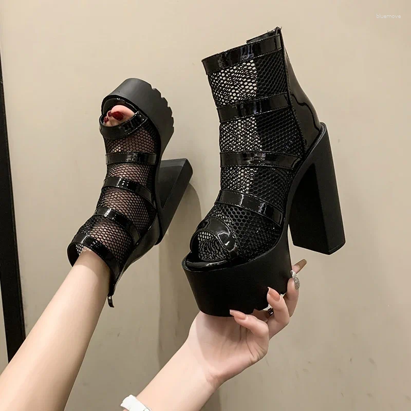 Botlar Siyah 14cm Yüksek Topuklu Sandallar Gotik Peep Toe Fermuar Ayak Bileği Kadın Nefes Alabilir Kafes Yaz Su Geçirmez Platform Boot