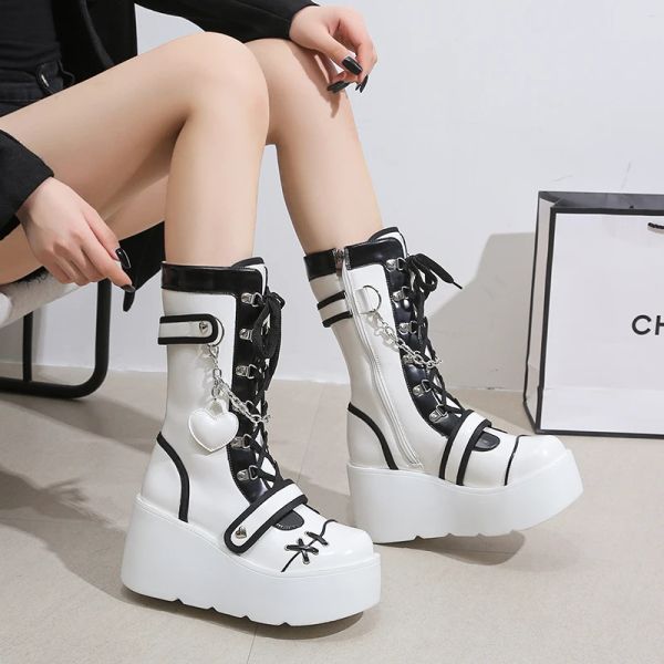 Boots Blocs de couleur noir et blanc Fashion Women Chaussures 2023 Nouveau coin d'hiver Bottes de femme Punk Gothic Platform Shoes Zapatos de Mujer
