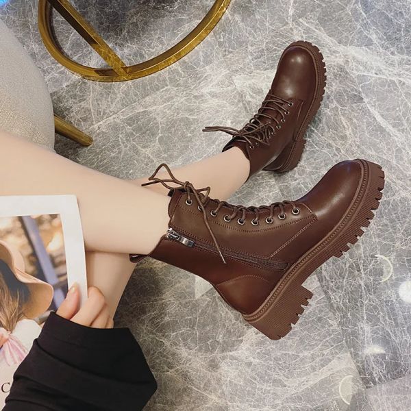 Boots Black Brown Pu Leather Ankle Boots Femmes Automn Fashion Platform Chaussures Femme British Style Lacet Up Motorcycle Boties Mujer