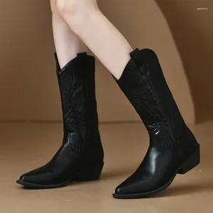 Bottes noires à talons épais, mi-mollet, chaussures d'équitation pour femmes, chaussures d'hiver à bout pointu, mode dames Cowboy, 2024