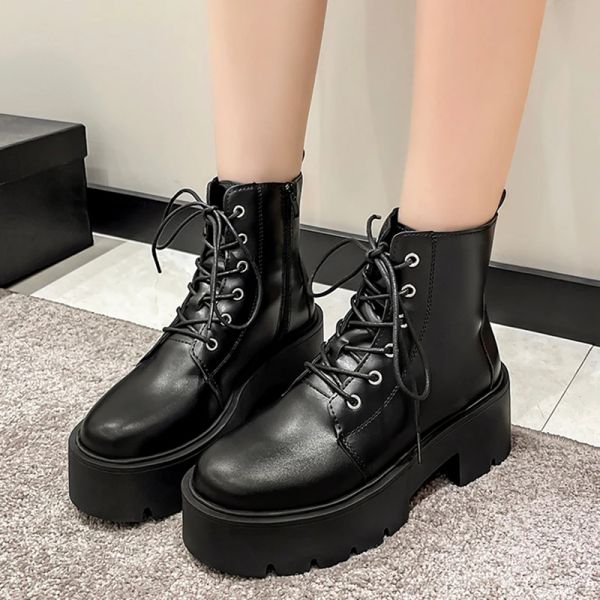 Botas Plataforma gruesa negra botas de tobillo para mujeres 2023 zapatos de encaje de fondo grueso de primavera