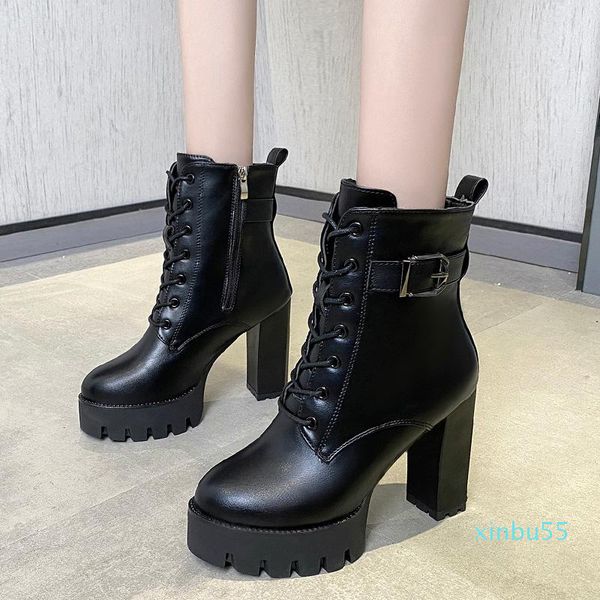 Bottes noires à plateforme épaisse pour femmes, style punk, boucle de moto, chaussures imperméables en cuir à talons hauts