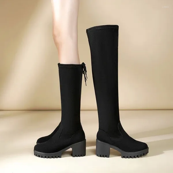 Botas de gamuza negros esmerilado Long para mujeres 2024 Plataforma de tacón grueso Longitud de la rodilla Botas Elastic Botas Femininas