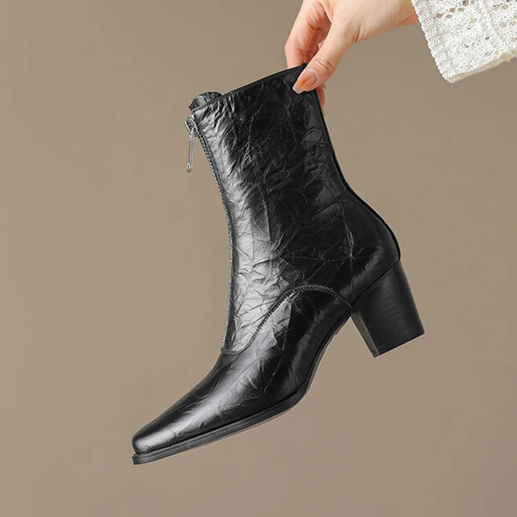 Сапоги черные подлинные кожаные женщины квадратные квадратные носки передняя молния Осенняя ботас 6 см. Высокие каблуки с плиссированными дизайном зимние ботины женщины