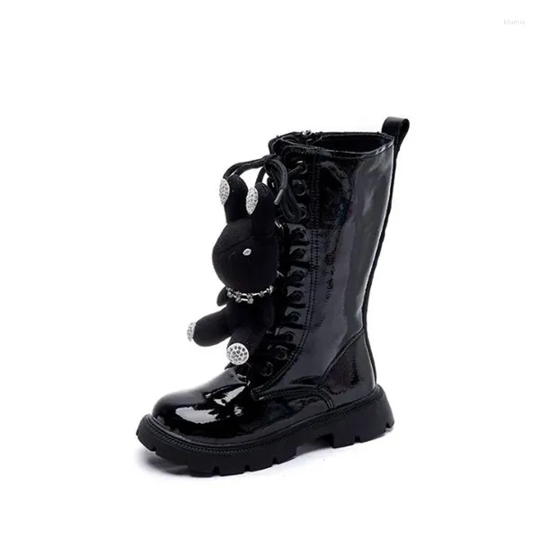 Botas Black Girls Alto Cuero Genuino Moda Niño Zapato Casual Cordón Hasta Niños Bota Larga