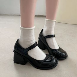 Botas zapatillas de tacón negro Mary Jane Shoes Mujeres Lolita Zapatos 2022 Fashion Round Toe Vintage grues