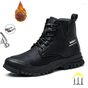 Bottes en cuir noir pour hommes, chaussures d'hiver en peluche, sécurité de travail, bout en acier indestructible, chaussures Anti-écrasement, chaussures de protection Anti-perforation