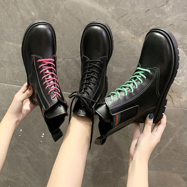 Botas de cuero negro para mujer, moda 2021, zapatos planos con cordones en el tobillo con elasticidad en la pantorrilla, venta al por mayor a granel