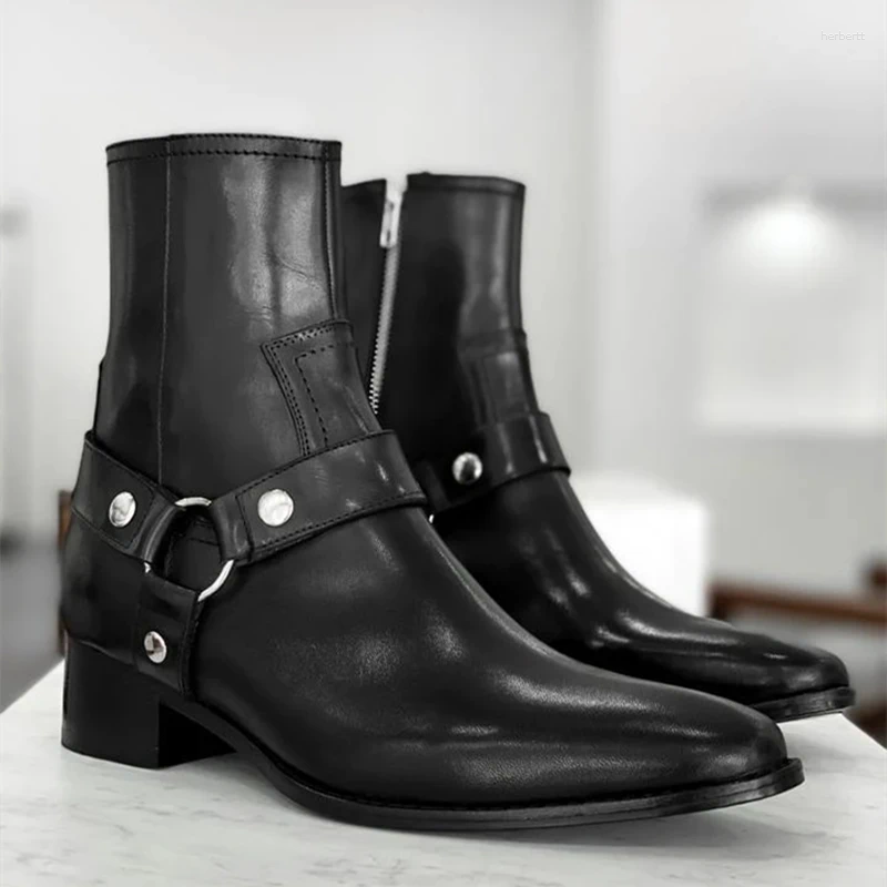 Botas Black Men's Short Cuero genuino Zip Business Tacón bajo Tobillo hecho a mano para hombres Moda Trabajo Punk Zapatos Hombre