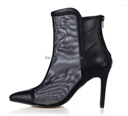 Boots Patchwork en cuir en mailles noires minces talons hauts pointés à pied arrière zipper la cheville d'été Ventilate femme chaussures