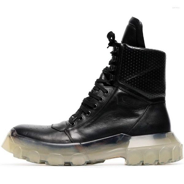 Botas Negro Motocicleta Cuero suave Hombres Plataforma Tobillo Zapatos de suela gruesa para 13 # 25 / 10f50