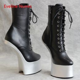 Boots Black Nightclub Mid Calf Women's Cross Stracles plate-forme Round Toe Hof Talon Cosplay Sexy Pole Dance Chaussures pour