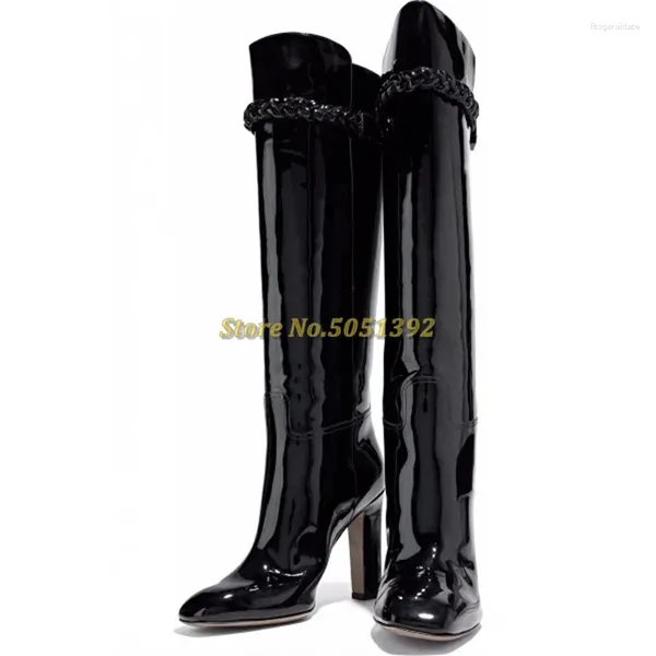 Boots Black Patent Cuir haut talon Bloc-High-High Slip on Twist Traid Decor Toe Round Custom Made Long