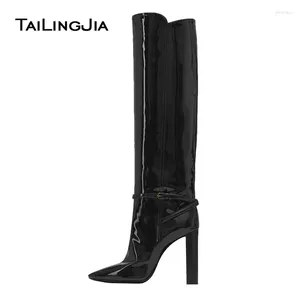 Boots Black Patent Leather High Talon sur le genou Femmes 2024 Point Toe Overnnee Chunky Dames Long Boot Winter Chaussures