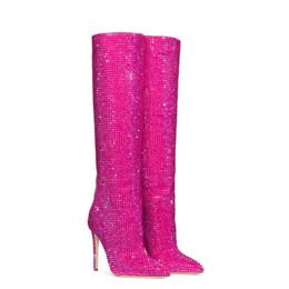 Laarzen Zwart Roze Zilver Strass Knie Hoge Laarzen voor Vrouwen Designer Stiletto Hakken Sexy Bruiloft Herfst Winter Laarzen Schoenen 231027